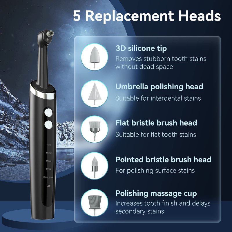 Jeyoe Tooth Polisher Rechargeable,Tooth Buffer Polisher with 5 Replacement Heads & Cleaning Modes, USB Rechargeable, Ipx6 Waterproof, Teeth Black Stain Remover for Adults & Kids Black