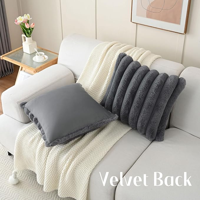 FUTEI Dark Grey Decorative Throw Pillow Covers 18x18 Inch Set of 2, Square Soft Faux Rabbit Fur Big Striped Cushion Cover,Home Decor for Couch Sofa Bed Living Room