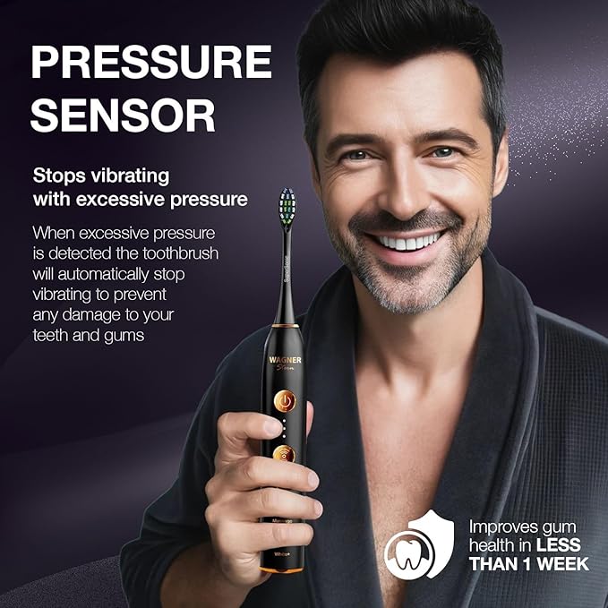 Wagner Stern WHITEN+ Edition. Whitening Electric Toothbrush with Pressure Sensor. Offers 5 Brushing Modes, 3 intensities, 8 Soft Brush Heads, and a Luxury Travel case.