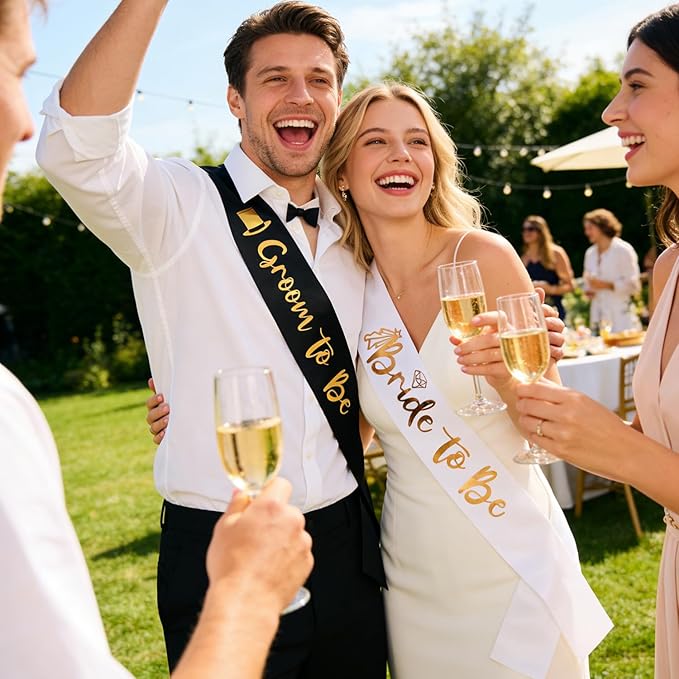 4 Pcs Bachelorette Party Decorations Bride & Groom to be Sash Tiara/Crown Veil Engagement Party Accessories Bridal Shower Gifts for Bride