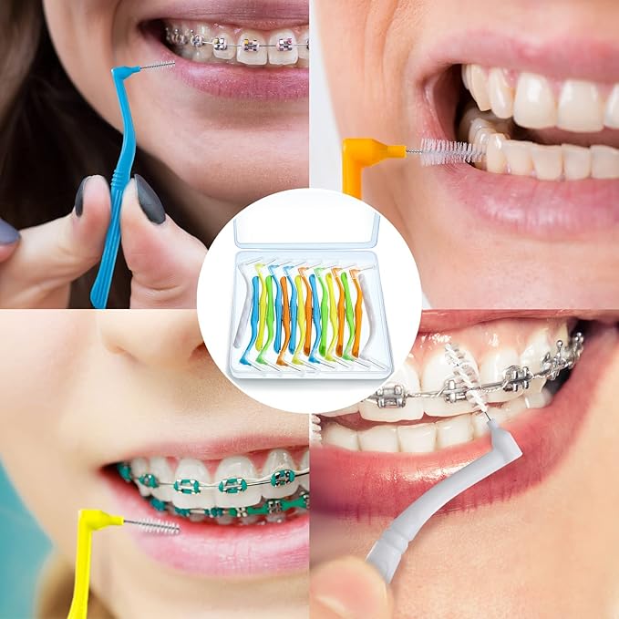 Honeydak 50 Pcs L-Shaped Interdental Brushes 5 Sizes Dental Braces Toothbrush Soft with Non-Slip Handle Angled Head Tooth Picks Floss Sticks Dental Floss Brushes for Oral Cleaning