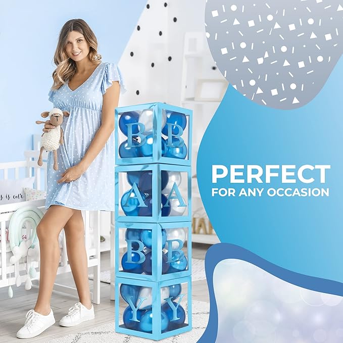 Baby Shower Boxes with Letters – Metallic Blue Boxes with Metallic Blue and Silver Balloons – 44-Piece Gender Reveal & Party Decoration Set by Vellax