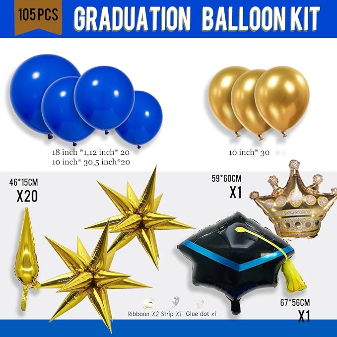 Royal Blue and Gold Graduation Balloon Garland Arch Kit 105 PCS with foil star crown graduation cap balloons for School students graduate class of 2025 Prom Party Decorations (Royal Blue Gold)