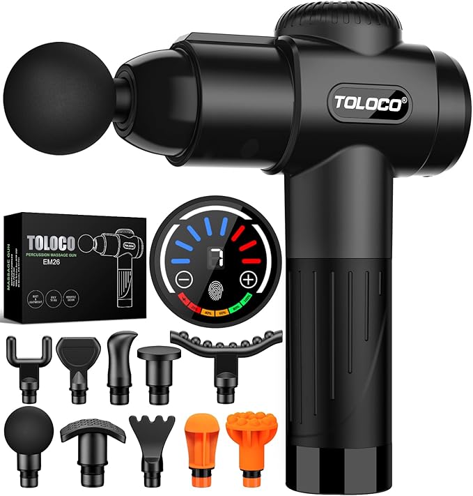 TOLOCO Massage Gun, Deep Tissue Back Massage for Athletes for Pain Relief, Percussion Massager with 10 Massages Heads & Silent Brushless Motor, Gifts for Fathers Day, Black