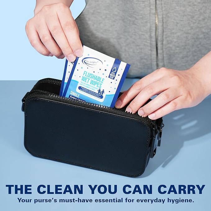 Air Jungles Flushable Wipes Individually Wrapped 50 Count (Pack of 2), with Aloe Vera & Vitamin E, Travel Size Wet Cleansing Wipes for Adult, Fresh Scent, Alcohol Free - XL 7 × 7 in