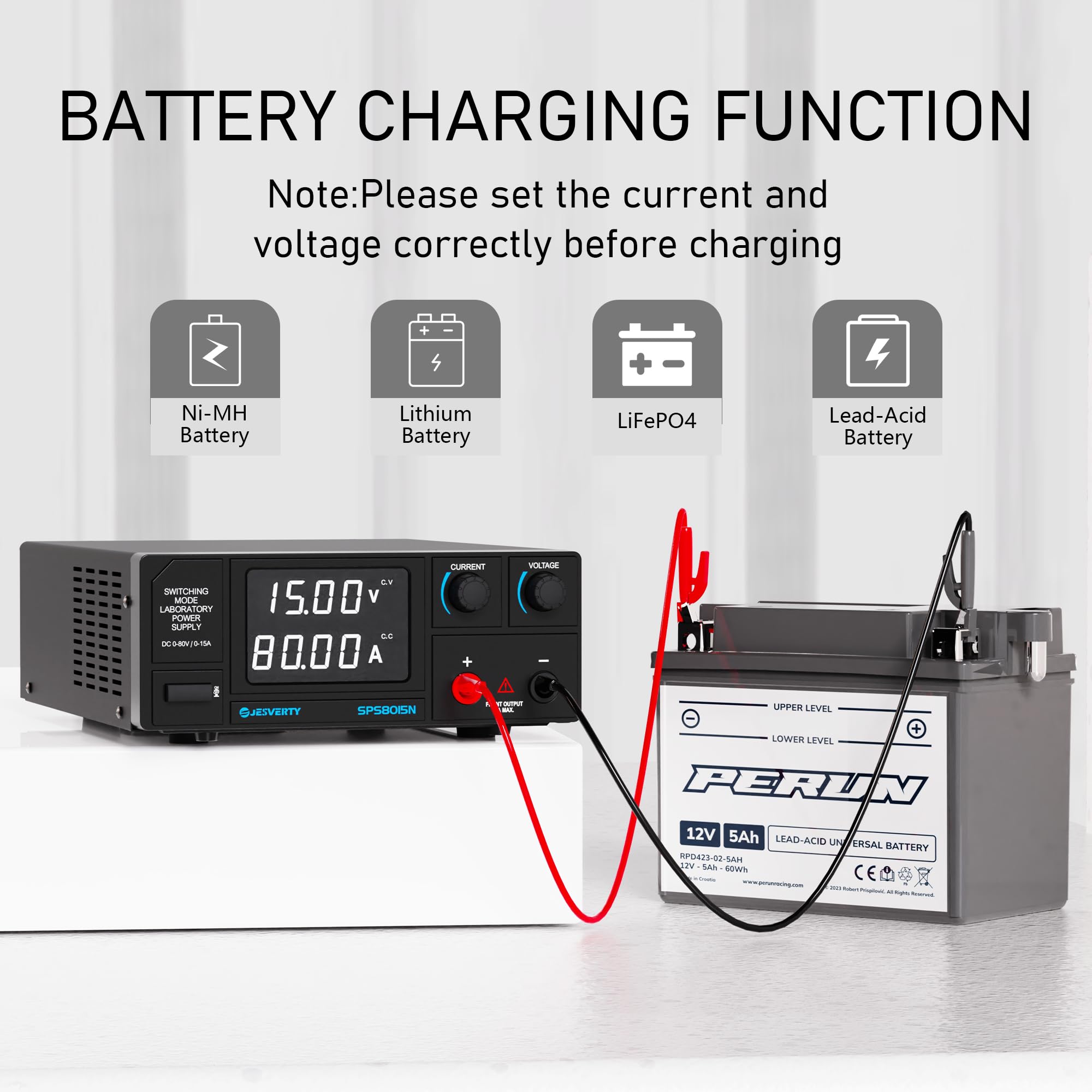 Jesverty DC Power Supply Variable, 0-80V 0-15A 1200W Switching DC Regulated Bench Power Supply with Encoder Knobs, 4-Digit LED Display, Temperature Controlled Fan, Aux Output Terminal - SPS-8015N