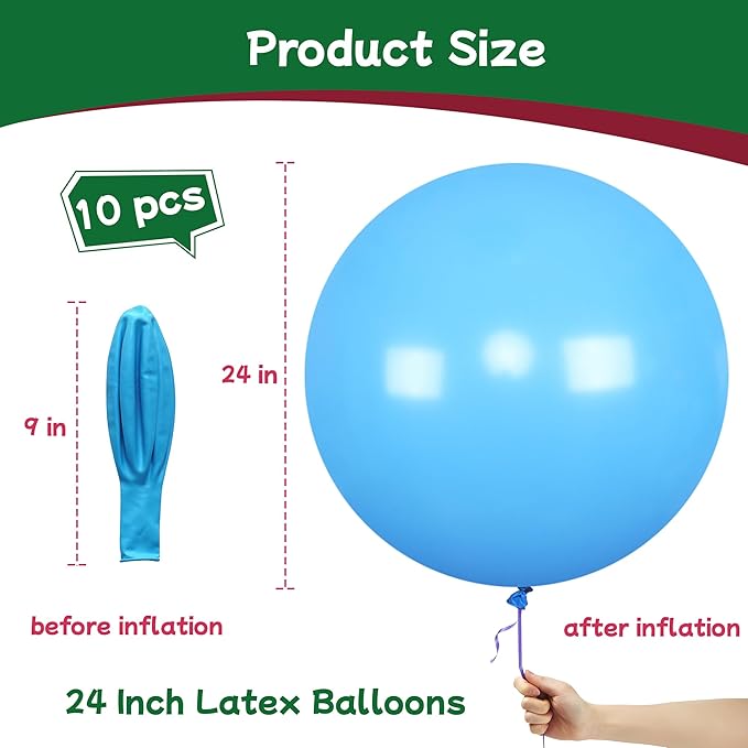 AZOWA 24 Inch Blue Balloon 10 Large Latex Balloons for Party Wedding Birthday Baby Shower Decoration (Blue, 10 Pcs)