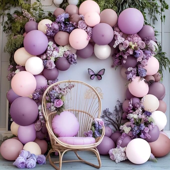Purple Pink Balloon Arch Kit, Double Stuffed Pastel Pink Lavender White Beige Balloon Garland Dusty Light Lilac Cream Balloons for Birthday Baby Shower Wedding Butterfly Flower Party Decor