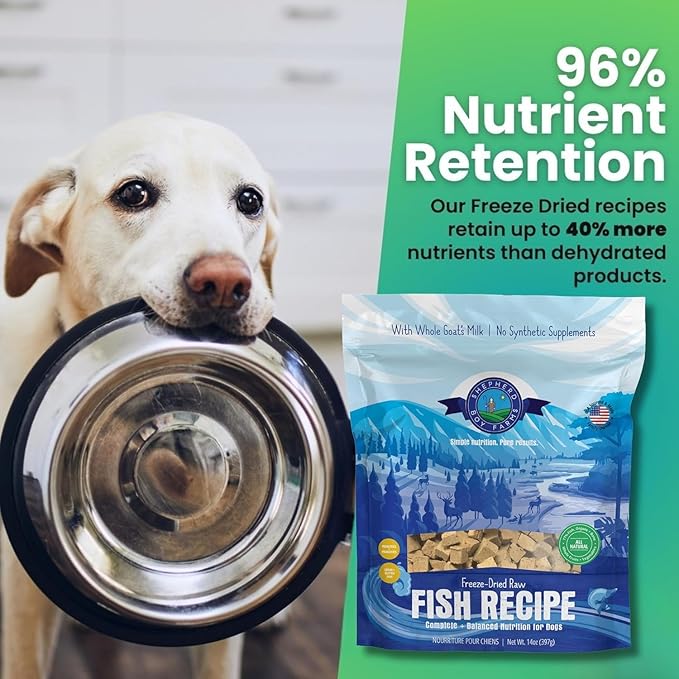 Shepherd Boy Farms Freeze Dried Raw Dog Food, Fish Medley Recipe, All Natural, No Synthetics, Made in USA with Goat's Milk & Organic Produce, High Protein, Complete Meal (48oz)