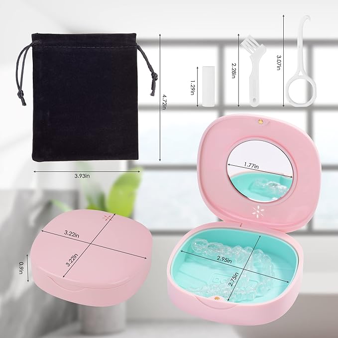 2 Pack Retainer Case with Vent Holes, Mirrors,Compatible with Invisalign,Night Guards,and Mouth Guards Case - Includes Storage Bag,Slim Aligner Remover Tool,Chew & Brush,Travel Essentials Pink Purple