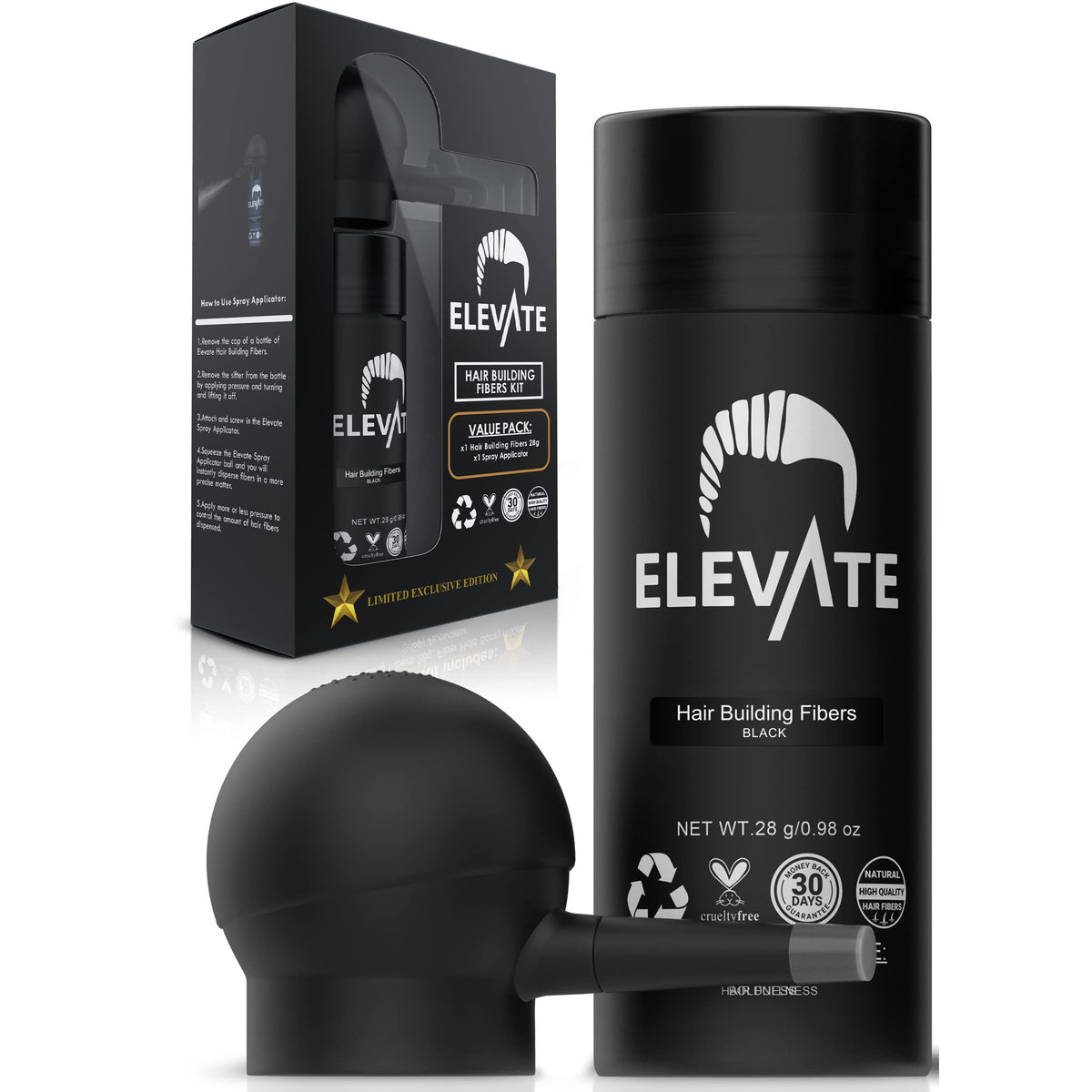 ELEVATE Hair Perfecting 2-in-1 Kit | Set Includes Natural Hair Thickening Fibers & Spray Applicator Pump Nozzle | Instantly Conceal & Thicken Thinning Balding Areas in Seconds Men & Women (Black)