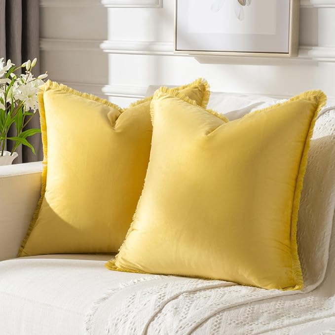 FUTEI Lemon Yellow Velvet Decorative Throw Pillow Covers 20x20 Set of 2,Soft Cozy Edge with Tassels Cushion Case,Boho Modern Home Decor for Couch Bed Living Room