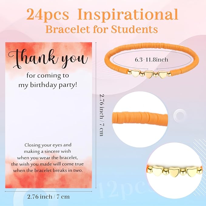 Birthday Party Favor Bracelets Beaded Rainbow Clay Bracelet with Thank You Card Gift for Birthday Party Supplies Bags Suffer with Different Themes(24 Sets,Heart)