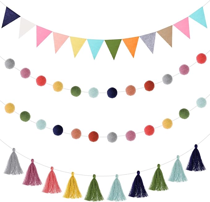 Irenare 9.8ft Pom Pom Garland Felt Rainbow Garland Graduation Party Decoration Colorful Pennant Tassel Banner Birthday Baby Shower Triangle Banner for Classroom School Mantel Fireplace(Bright Color)