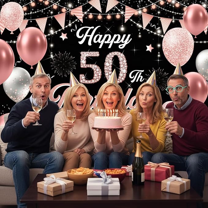 50th Birthday Decorations for Women - Happy 50th Birthday Banner Decorations Cheers to 50 Years Birthday Party Indoor and Outdoor Decoration Suppiles Pink Backdrop for 50th Birthday Party Favors Decor