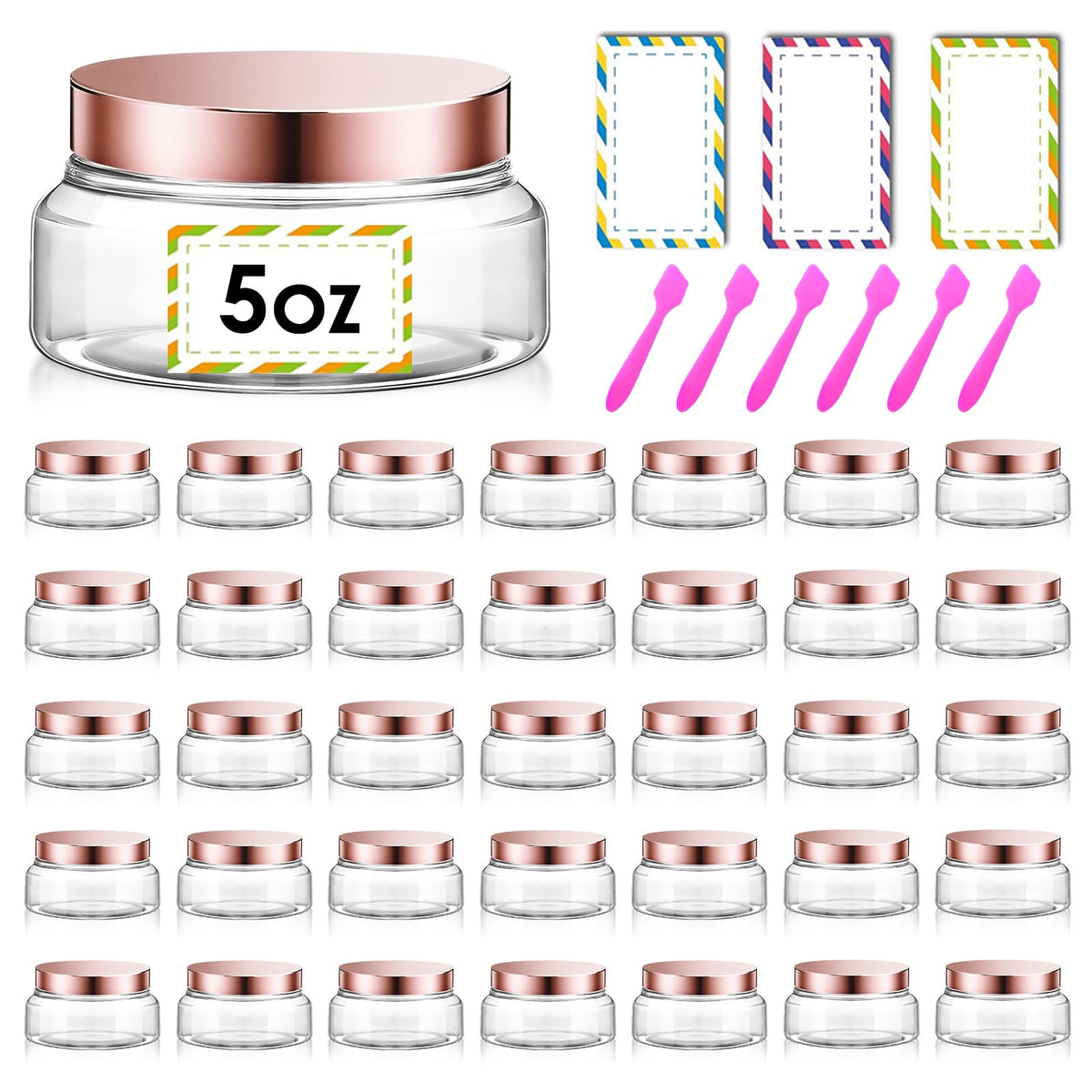 36 Pack 5 oz Plastic Cosmetic Containers With Lids Refillable Clear Empty Travle Jars Containers for Body Butter,Sugar Scrubs,Cream,Lotions,Candy, Waterproof Label&Spatulas - (Rose Gold Lid)