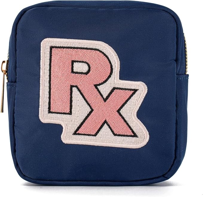 uekeboag Personalized Small Nylon Rx Cosmetic Bag, Cute Chenille Letter Patch Medicine Drug Pouch with Zipper,Preppy Makeup Travel Vitamin Bag for Women and Girls (Navy-Pink)