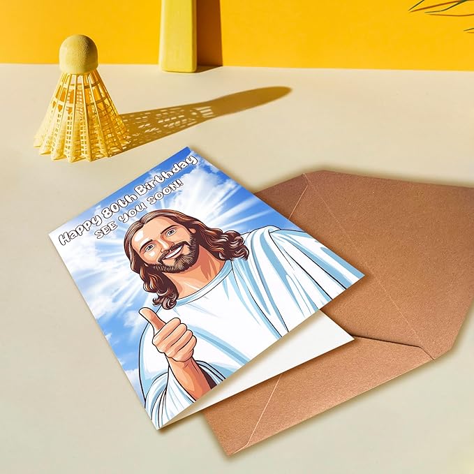 Happy 80th Birthday Funny Jesus Card – Hilarious Dark Humor Greeting for Elderly Men or Women, Funny 80th Birthday Cards for Women or Men