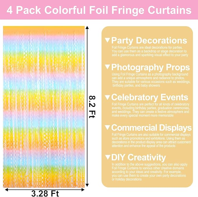 4 Pack Light Rainbow Wave Foil Fringe Curtain Backdrop, 3.28Ft x 8.2Ft Metallic Tinsel Foil Fringe Streamer Curtains for Photo Booth, Mother's Day, Easter, Birthday, Wedding Party Decoration