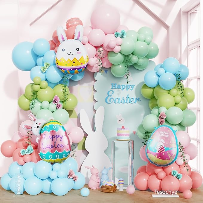 148Pcs Easter Pastel Balloon Garland Arch Kit, Pastel Pink Light Blue Green Balloons with Bunny Rabbit Egg Foil Balloons for Easter Birthday Party Bunny Hunt Spring Baby Shower Decorations