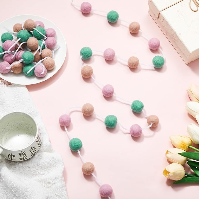 Boao 2 Pieces Wool Felt Ball Garland Colorful Pom Pom Garland Handmade 6.5 Feet Long 24 Balls Felt Banner for Wall Christmas Tree Decoration (Pink,Green)