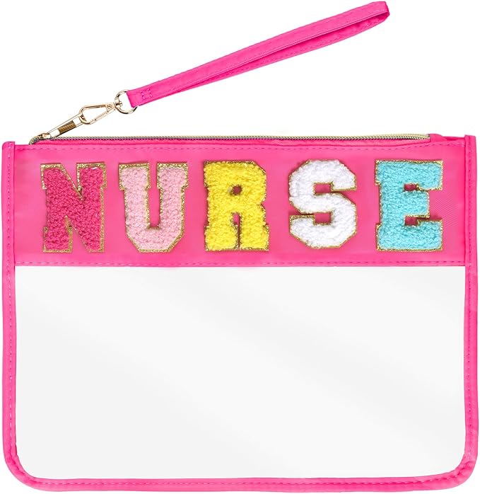 Chenille Letter Bag, Multi-purpose Nylon Clear Makeup Cosmetic Bags Flat Pouches with Zipper for Travel, Gym, Beach (Red-Nurse)
