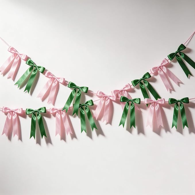 2 Strings Pink & Green Bow Garland Banner Decorations, 16Pcs Pre-Strung Satin Ribbon with 6.7ft Chain for Girls Ribbon Bow Banner Coquette Room Birthday Baby Shower Bachelorette Wedding Party Decor