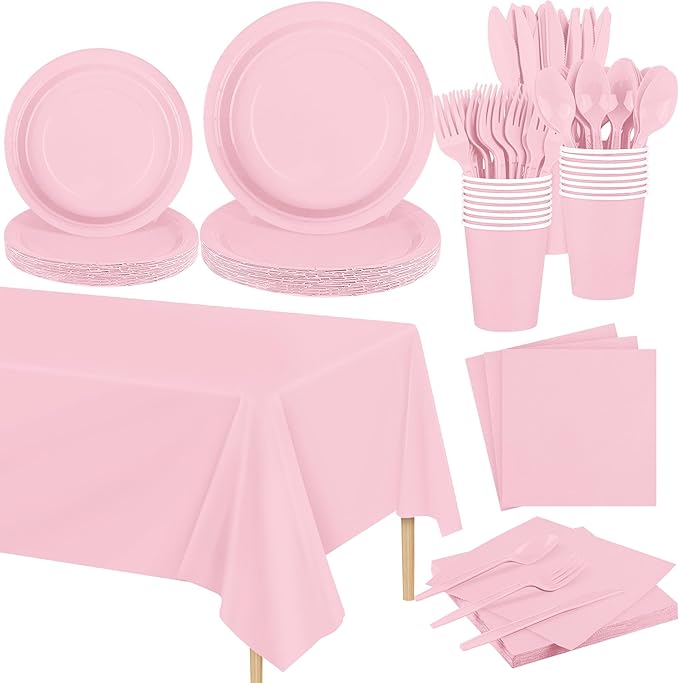 Kochorie 169 Pieces Light Pink Party Supplies Disposable Dinnerware Set Include Plates and Cups Napkins Plastic Forks Knives Spoons Tablecloth for Wedding Birthday Party Decorations, Serve 24 Guests