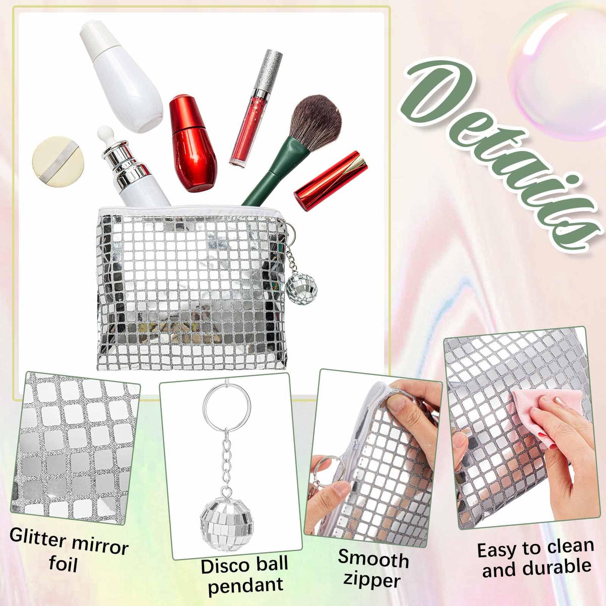 Locmeo 12 Pack Disco Party Favor Bags Bachelorette Sparkly Makeup Sequin Bag Portable Glitter Cosmetic Purse with Disco Keychain for Bachelorette Wedding Birthday 70s Retro Party Decorations (Silver)