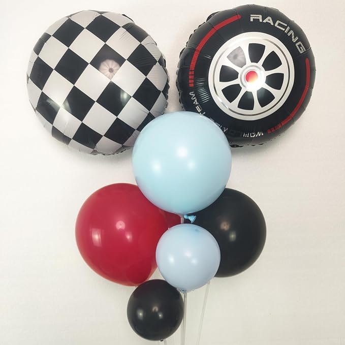 128pcs Race Car Balloon Garland Arch Kit, Red Blue Black Balloons Black White Checkered Tassel Background and Aluminum Foil Tire Balloon for Race Car Birthday Decorations Two Fast Birthday Decor