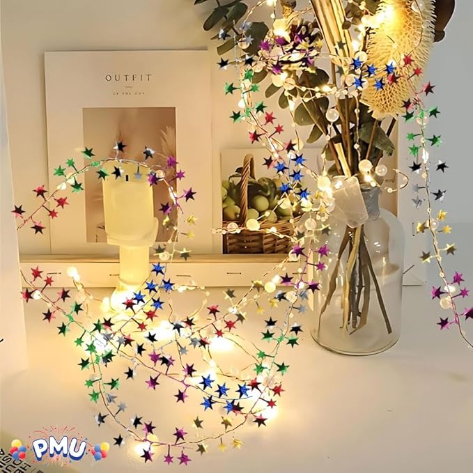 PMU 150 Ft Star Wire Shiny Garland Multi Color - Halloween, Christmas Party, Wedding, Birthday, Festive Home Decoration Ornament Multi Color (6pc-25Ft Each)