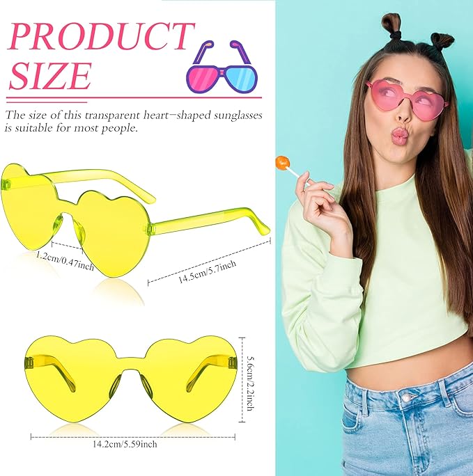 TOODOO 10 Pairs Heart Shaped Sunglasses Rainbow Sunglasses Candy Color Rimless Glasses for Women Girl Party Favor