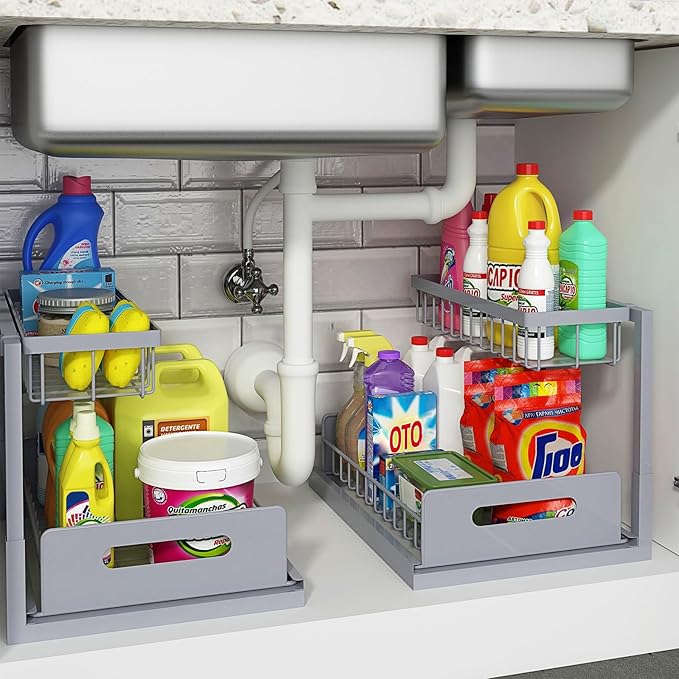 REALINN Under Sink Organizer, Pull Out Cabinet Organizer 2 Tier Slide Out Sink Shelf Cabinet Storage Shelves, Storage for Kitchen Bathroom, Grey, 2 Pack