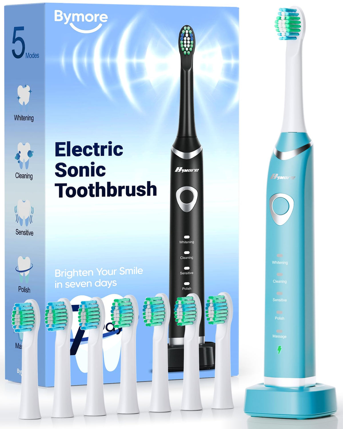 Bymore Electric Toothbrush for Adults,Travel Sonic Toothbrush with 8 Replacement Heads, Ultra Clean RechargeableToothbrush Portable One Charge for 330days 5 Modes 2mins Timer-Cyan Blue