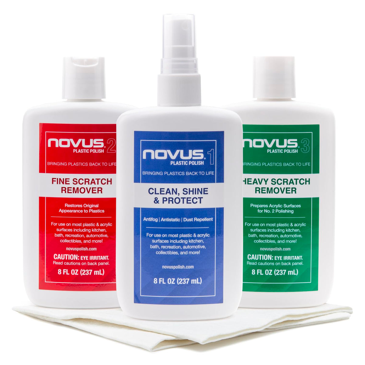 NOVUS-PK1-8 | Plastic Clean & Shine #1, Fine Scratch Remover #2, Heavy Scratch Remover #3 (8 Ounce, Polish Mates)
