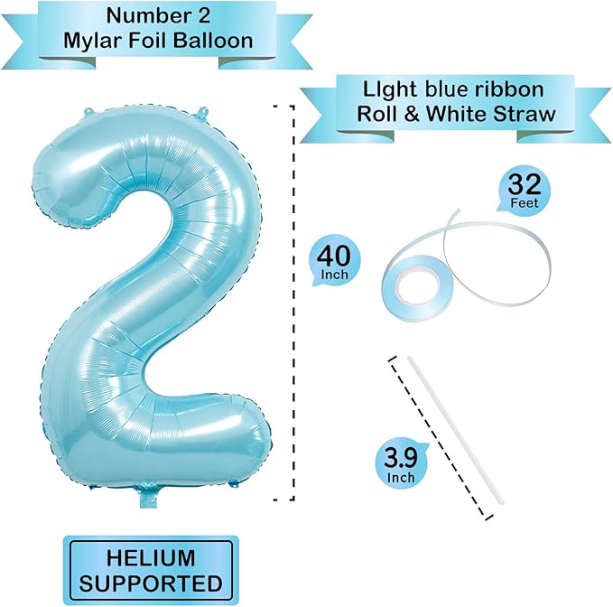 Blue Light Number Balloon, 40 Inch, Party Decorations for Birthdays, Boy Baby Shower, Wedding, Unisex, Includes 1 Balloon, 1 Roll String, 1 Straw