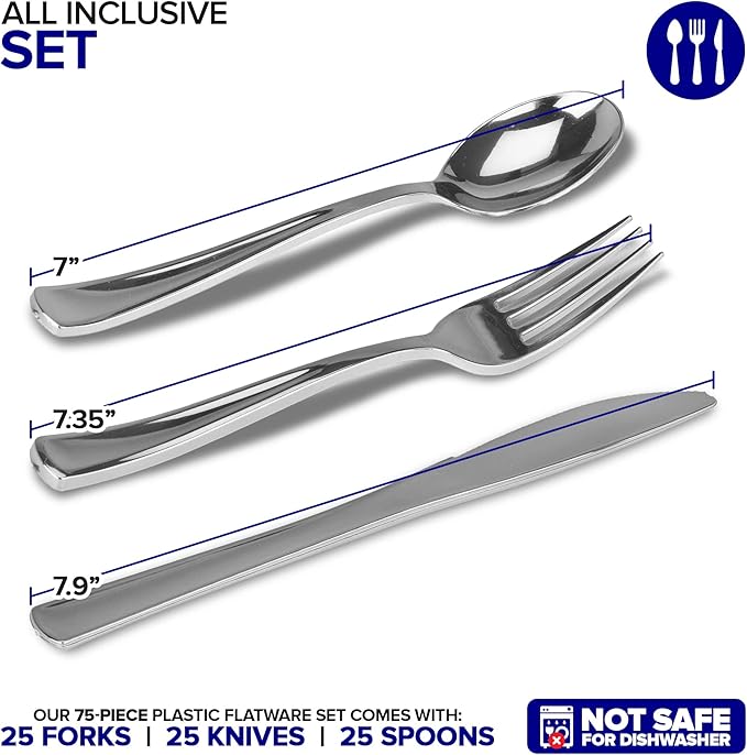 75 Pieces Heavy Duty (Silver) Plastic Silverware Set, Disposable Cutlery Set, Great for Parties, Weddings, and Catering, Flatware Utensils Included: 25 Forks, 25 Spoons, 25 Knives, Stock Your Home