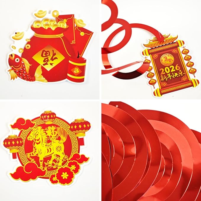 KYMY 2026 Chinese New Year Hanging Swirls Decorations Kit, 24pcs Spring Festival Lunar New Year Streamers & Cutouts for Zodiac Horse Oriental Asian New Year Home Office Party Supplies