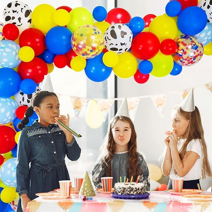 Red Yellow Blue Balloon Arch & Garland Kit with12" 5" Cloud Cow Print Balloons Fruit Green Latex Balloons Confetti Balloon Set for Baby Shower Kids Birthday Party Decorations