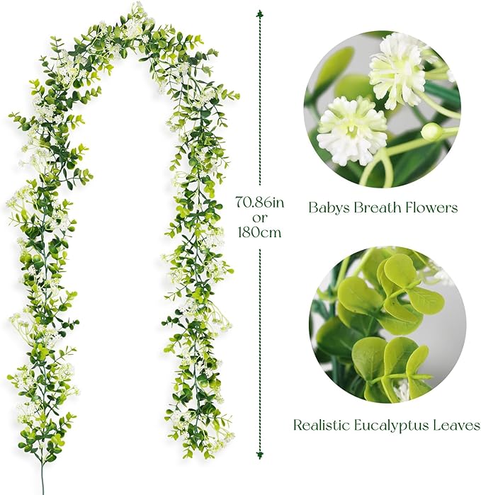 6FT Eucalyptus Garland with Flowers, 2 Pack Artificial Greenery Garland Hanging Spring Eucalyptus Garland Suitable for Table Wedding Backdrop Arch Wall Party UV Protected Indoor Outdoor Decor