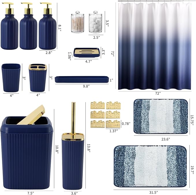 32PCS Bathroom Set Bathroom Sets with Shower Curtain and Rugs Navy Blue Bathroom Accessories,Shower Curtain Set,Bathroom Rug Set with Bathroom Trash Can