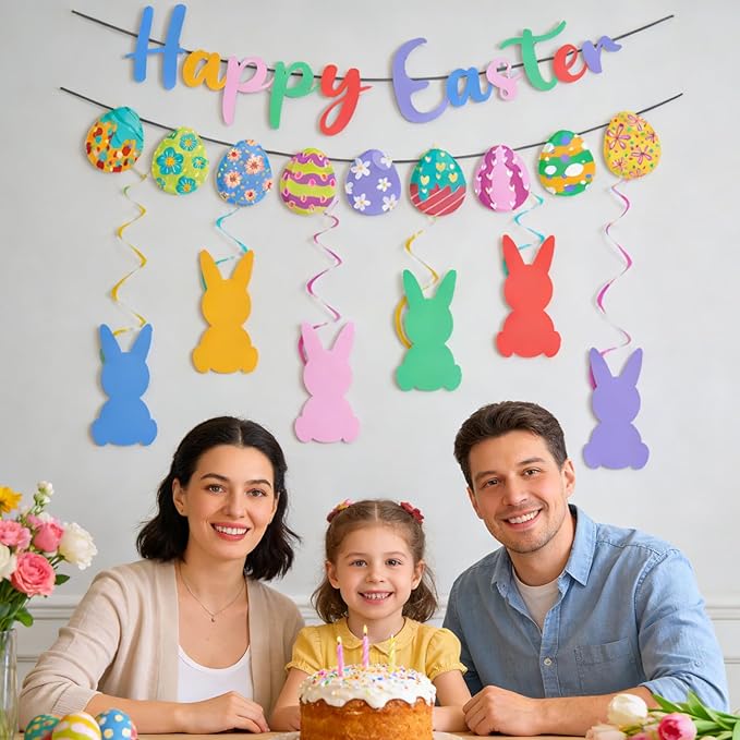 Happy Easter Banner Egg Garland with Bunny Hanging Swirl and Accessories Easter Party Decorations Set for Home Office Mantle Fireplace Indoor Outdoor Classroom Decorations