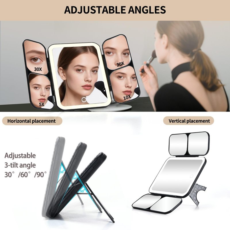 saiggnyy 5-in-1 Led Vanity Makeup Mirror,1X Full Face & 5x/10x/20x/30x Times Magnification for Close-up Makeup, Compact Travel Magnifying Mirror with Light, Trifold Mirrors with Stand (Cool Black)