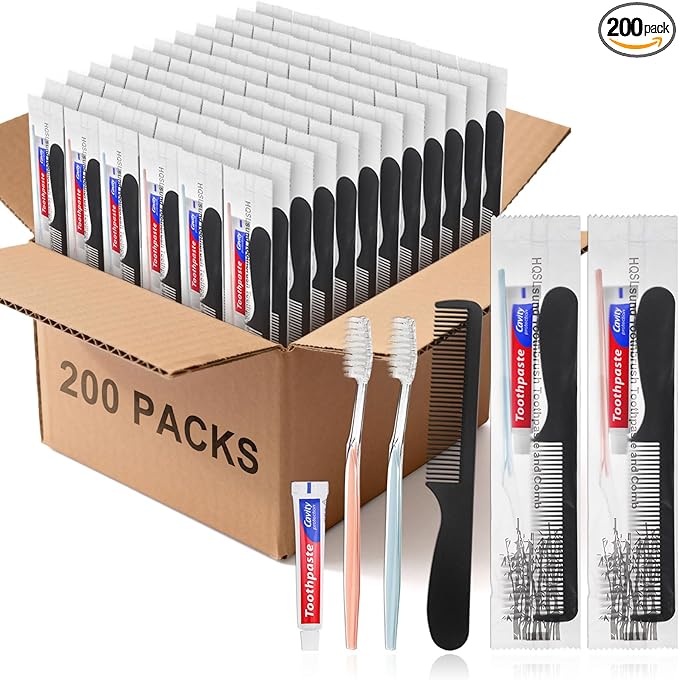 200 Pack Disposable Toothbrushes with Toothpaste and Comb for Homeless Individually Wrapped,10g Travel Toothpaste,7inch Black Hair Comb,Soft Bristle Toothbrush for Hotel,AirBnb,Shelter,Charity
