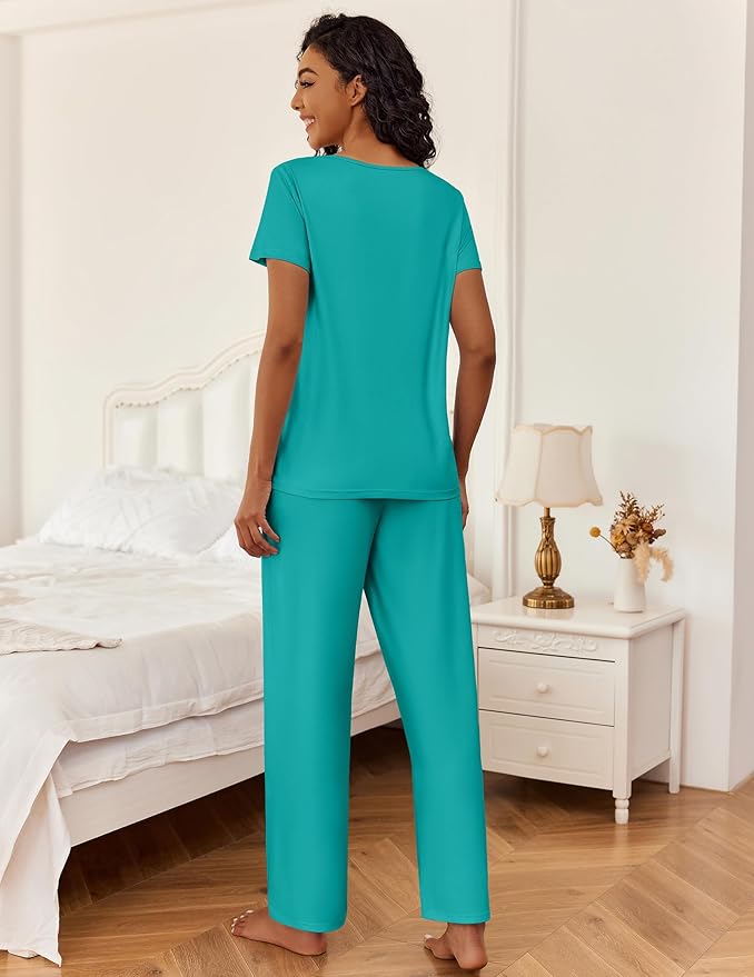 Ekouaer 2 Piece Womens Pajamas V Neck Short Sleeve Top and Long Pants Pjs Print Lounge Set Sleepwear
