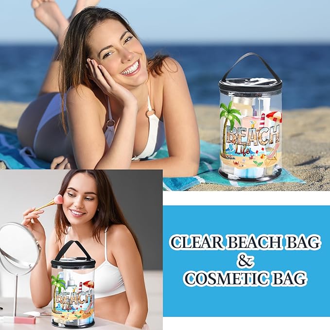 Sanwuta Beach Gifts Heavy Duty Clear Lotion Toiletry Bags for Travel Sunscreen Makeup Cosmetic Pouch Cylinder Bag Waterproof Portable Trip Bag with Handle Zipper(Beach Life)