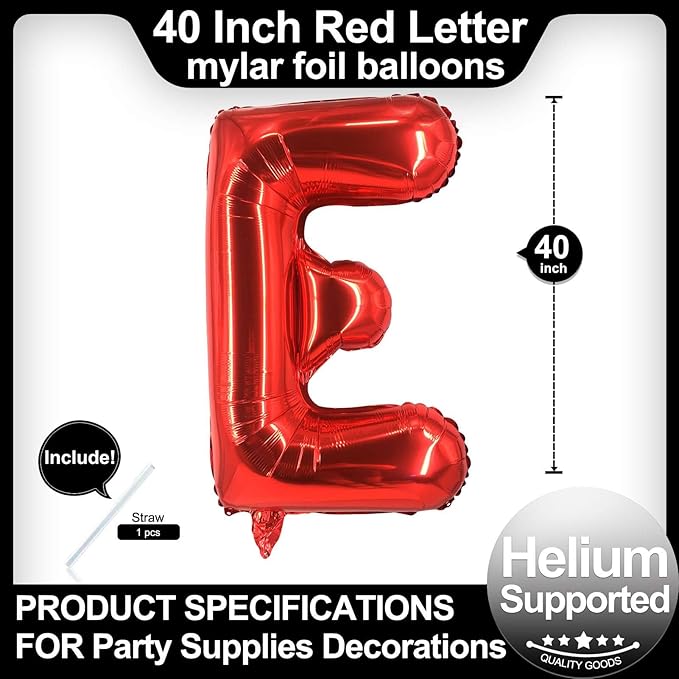40 Inch Red Letter E Balloons, DIY Phrase Foil Alphabet Letter E Balloons DIY Word E Banner for Birthday Anniversary Celebration Graduation Party Supplies Decoration