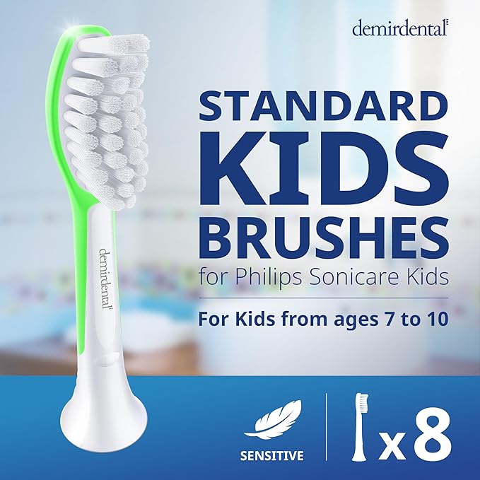 demirdental Kids Toothbrush Heads Compatible with Philips Sonicare Kids Toothbrush Heads - Replacement Heads Sensitive - Brush Heads from Ages 7 to 10 - Green - Replaces HX6048-8 Pack