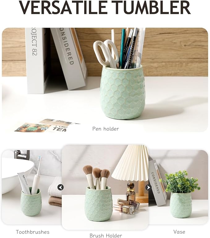 Toothbrush Holder, Tooth Brush Holder for Bathroom - Ceramic Toothbrush Cup Toothbrush Holders Countertop, Green Makeup Brush Holder Pen Holder, 3.62" x 3.62" x 3.93", ANTIS'S HOME