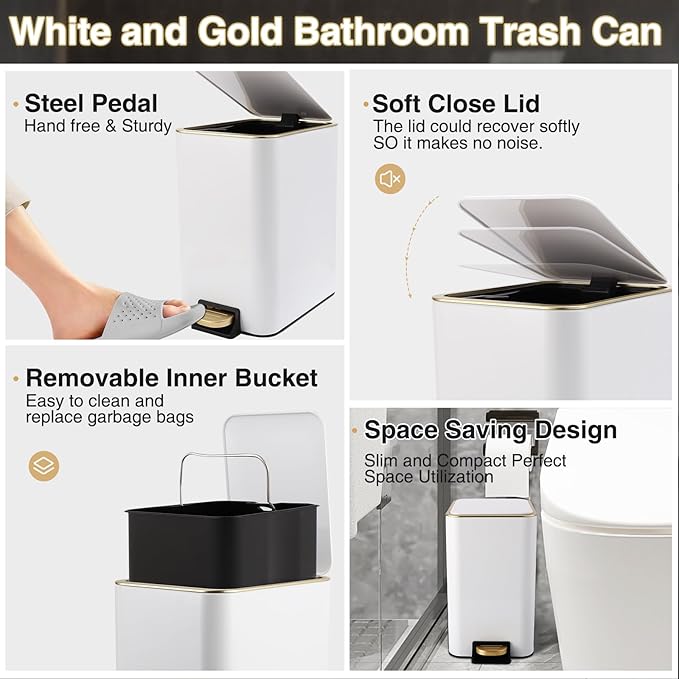 11PCS Bathroom Sets with Shower Curtain and Rugs Bathroom Accessories Set White Bathroom Set,Soap Dispenser & Toilet Brush Holder Set with Stainless Steel Trash Can